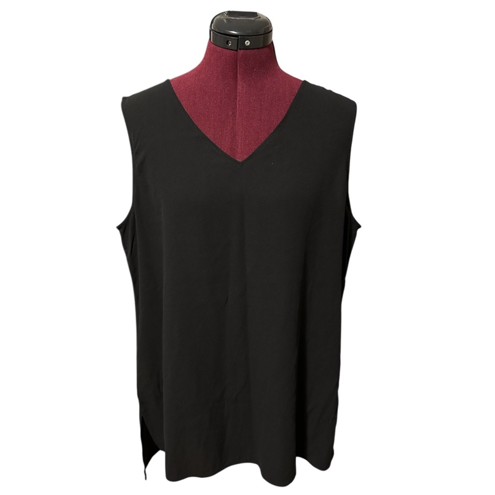 Eileen Fisher 100% silk black v-neck shell long tunic top size L